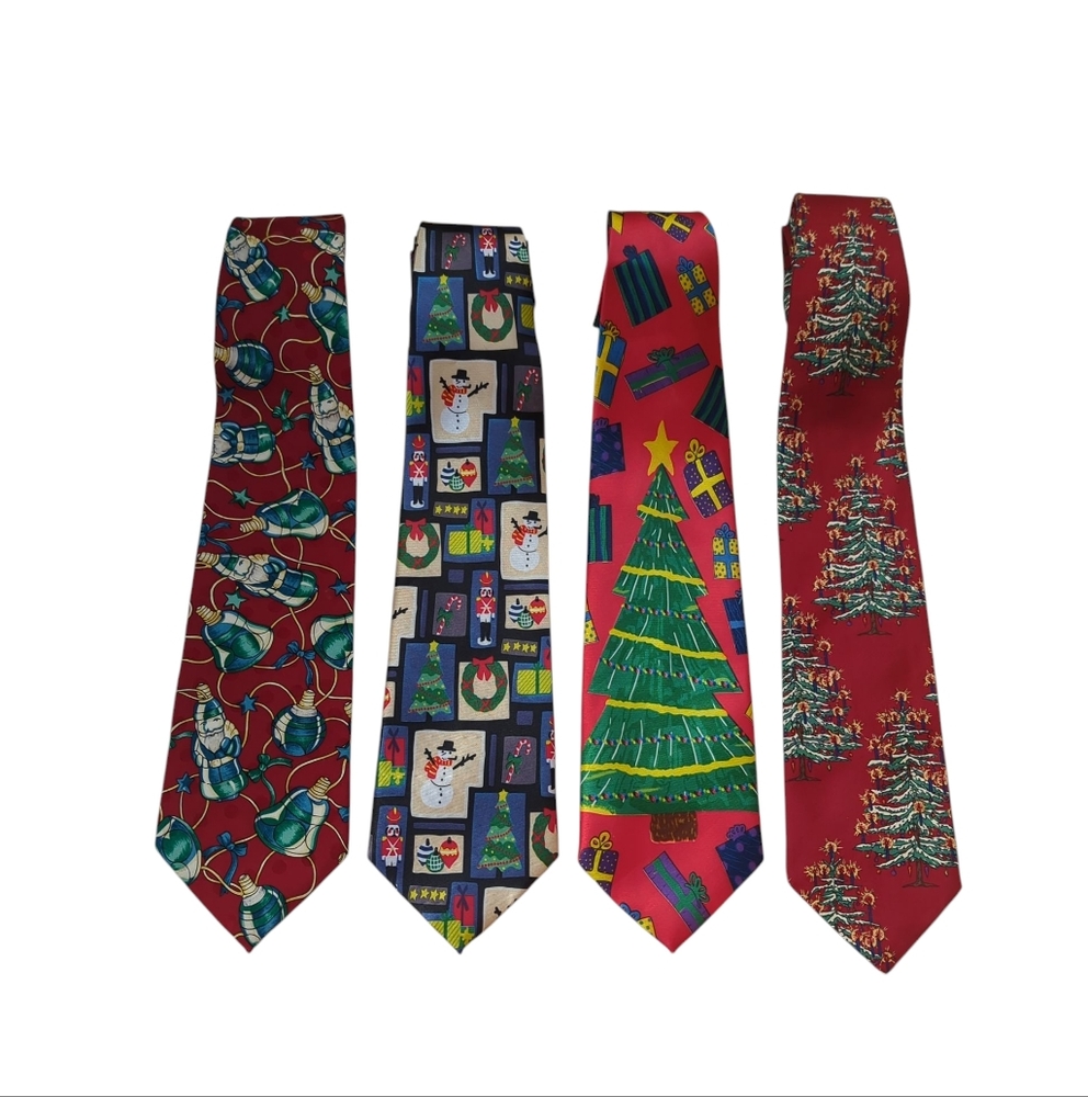 (4) Christmas Holiday Novelty Santa Snowman Tree Ties Red Green